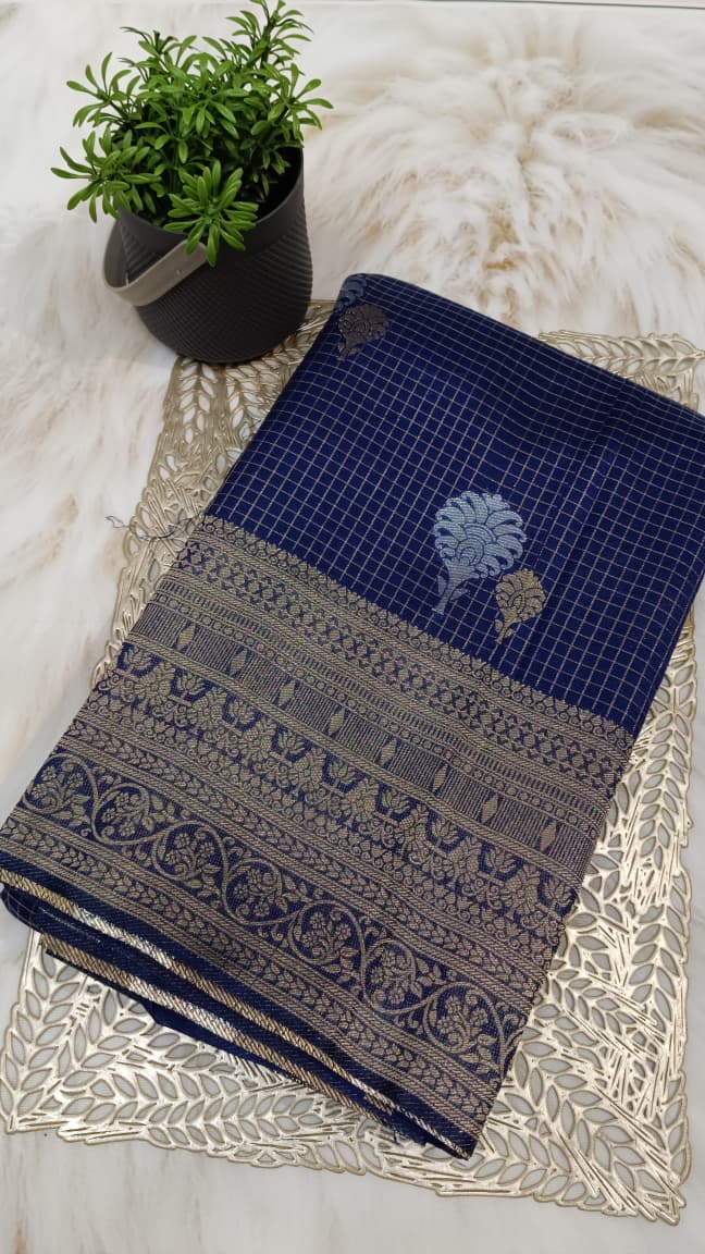 Navy Blue Banarasi Georgette-Crepe Silk Saree with Antique Zari Motifs