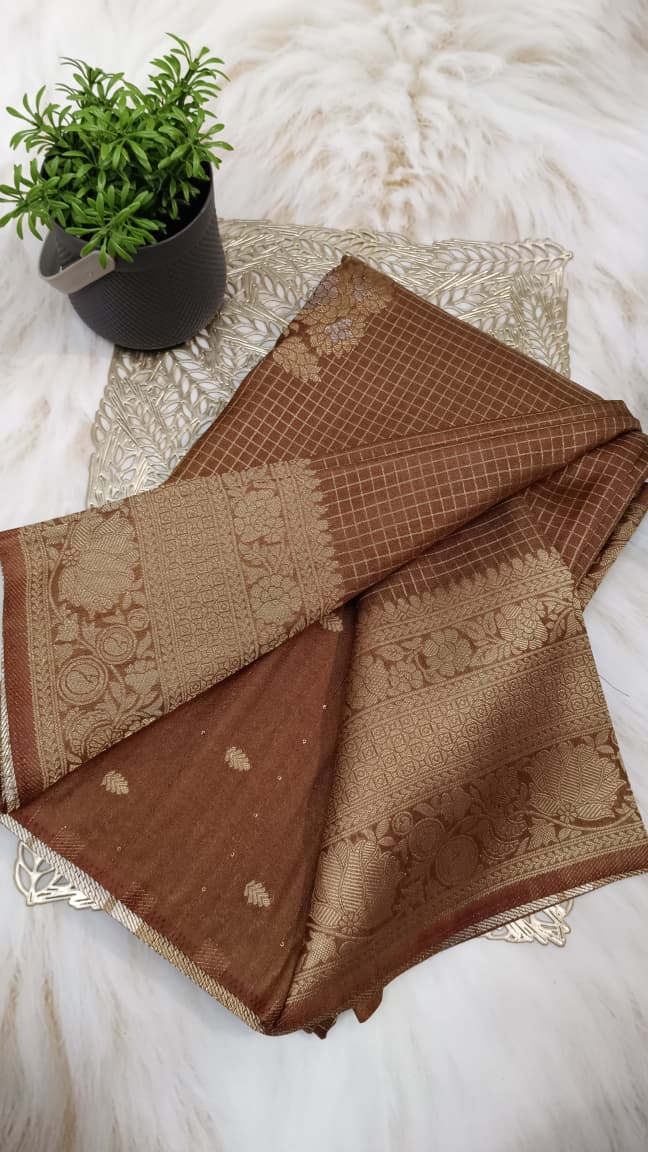Brown Banarasi Georgette-Crepe Silk Saree with Golden Zari Kattams