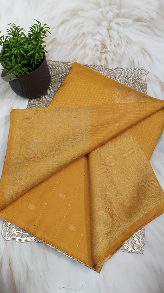 Mustard Yellow Banarasi Georgette-Crepe Silk Saree with Self Zari Work