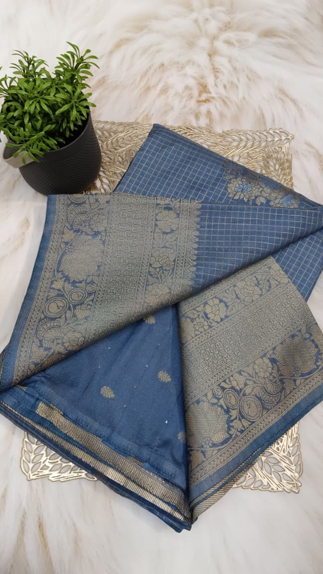 Steel Blue Banarasi Georgette-Crepe Silk Saree with Gold Zari Weaving