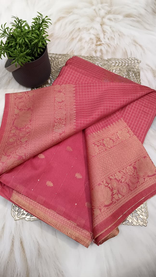 Pink Banarasi Georgette-Crepe Silk Saree with Podi Zari Kattams