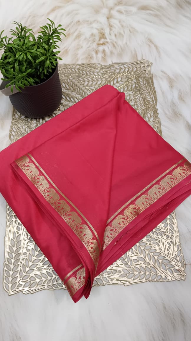 Pink Mysore Crepe Silk Saree with Golden Elephant Border