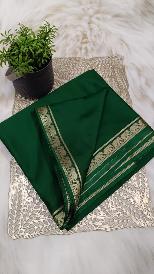 Emerald Green Mysore Crepe Silk Saree with Golden Elephant Border