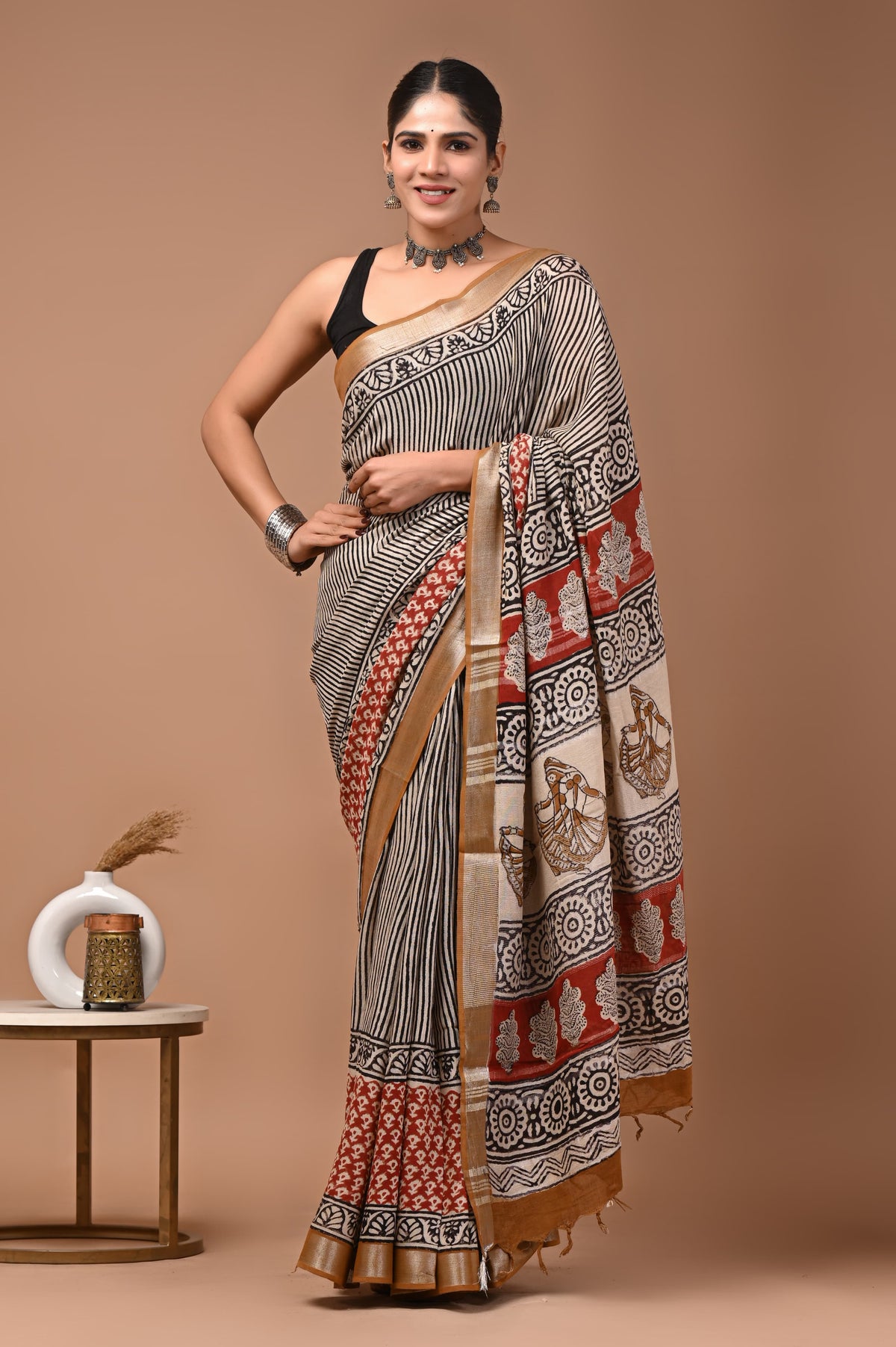 Linen block printed cotton saree