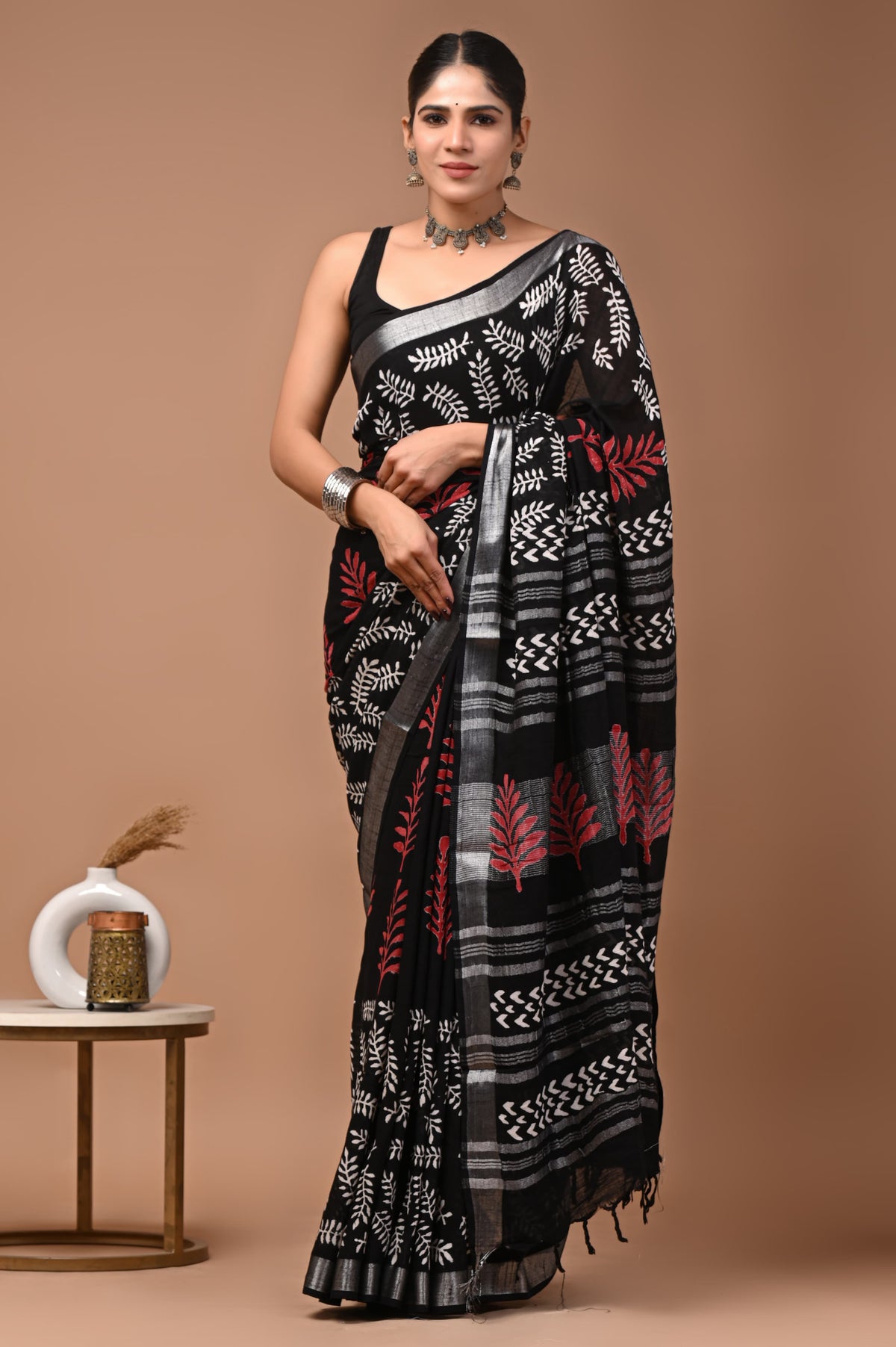 Linen block printed cotton saree
