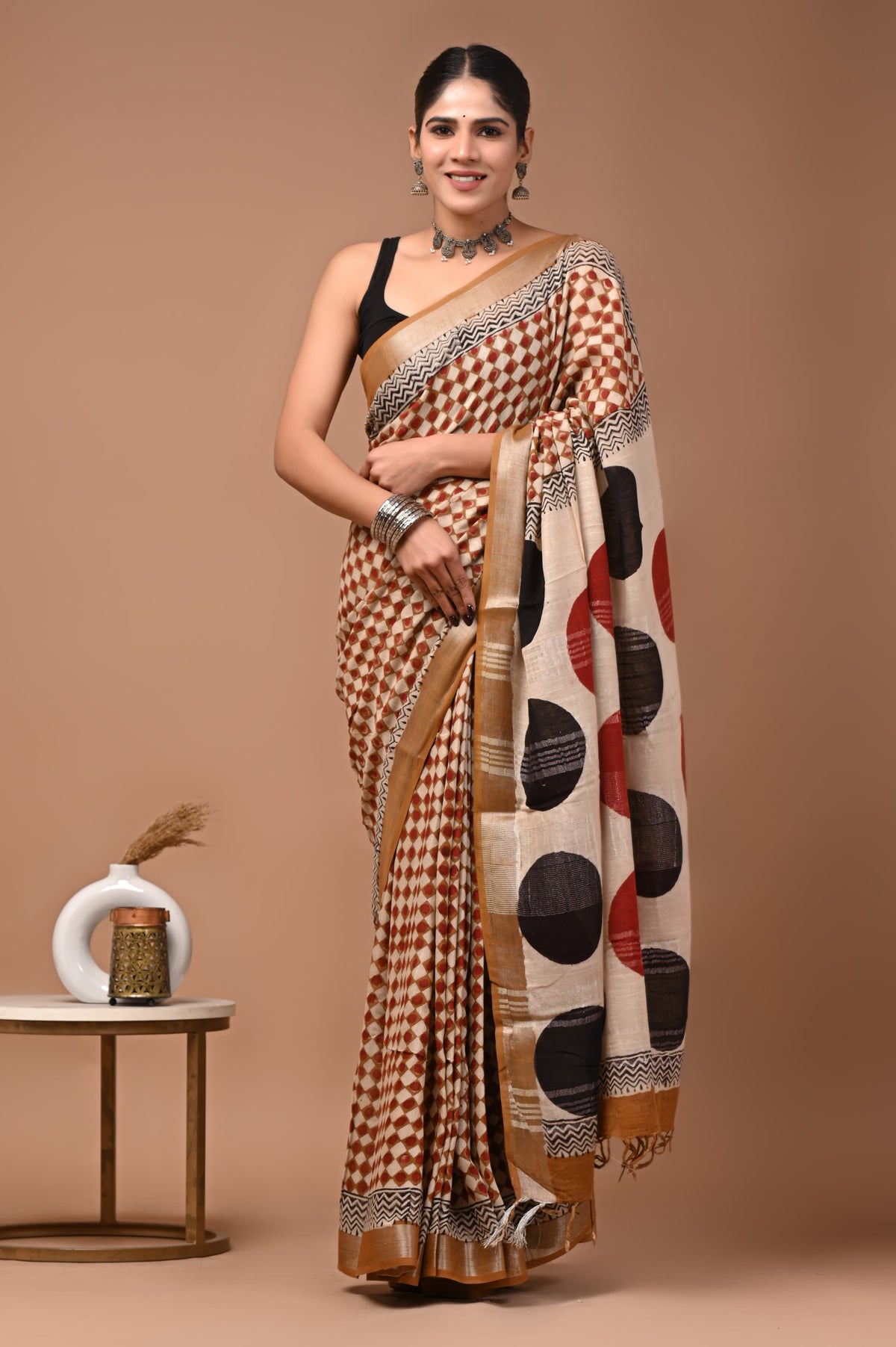 Linen block printed cotton saree