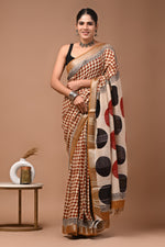 Linen block printed cotton saree