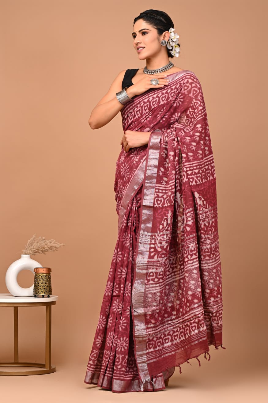 Linen block printed cotton saree
