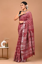 Linen block printed cotton saree