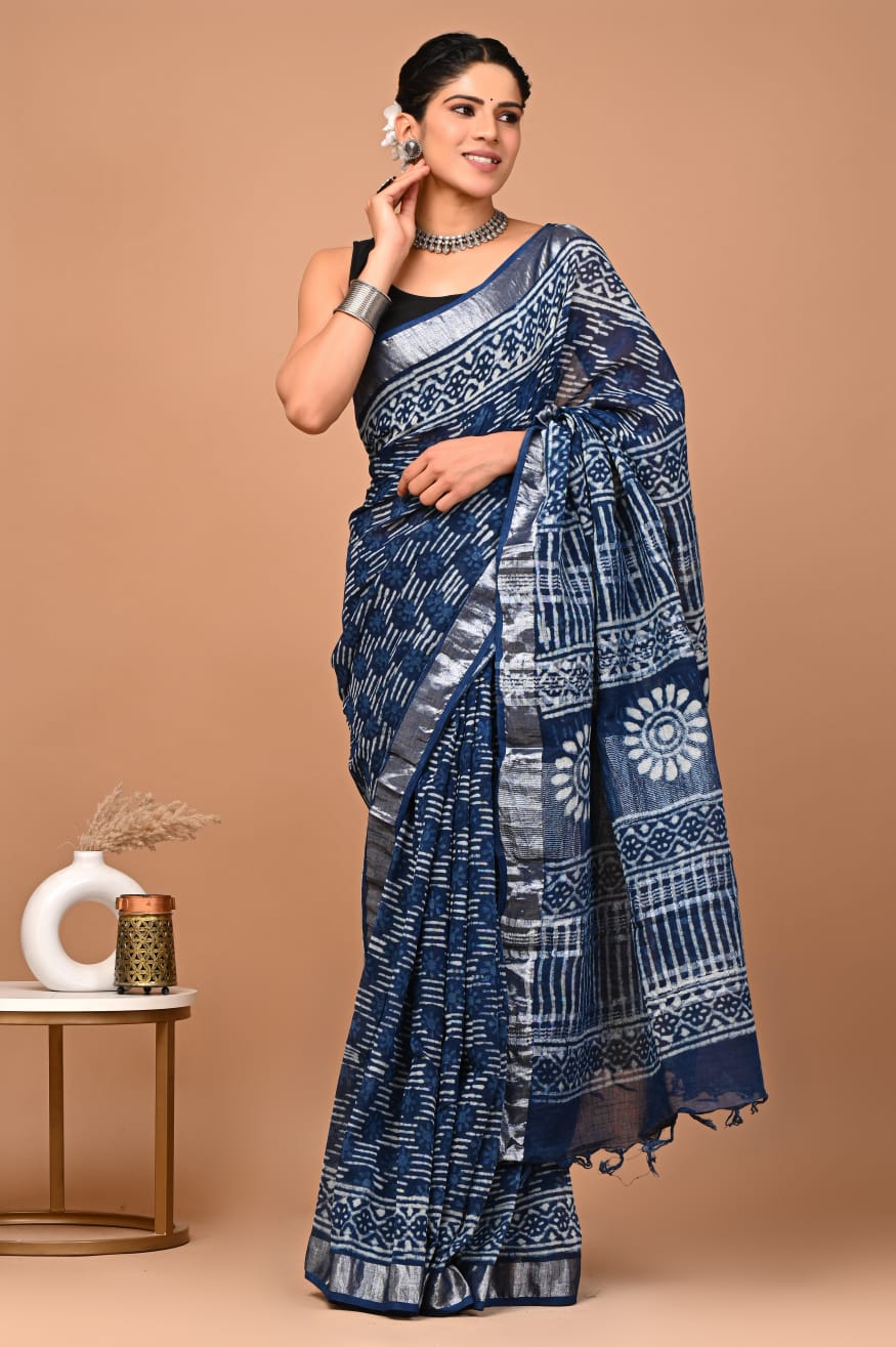 Linen block printed cotton saree