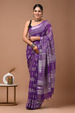 Linen block printed cotton saree
