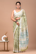 Linen block printed cotton saree