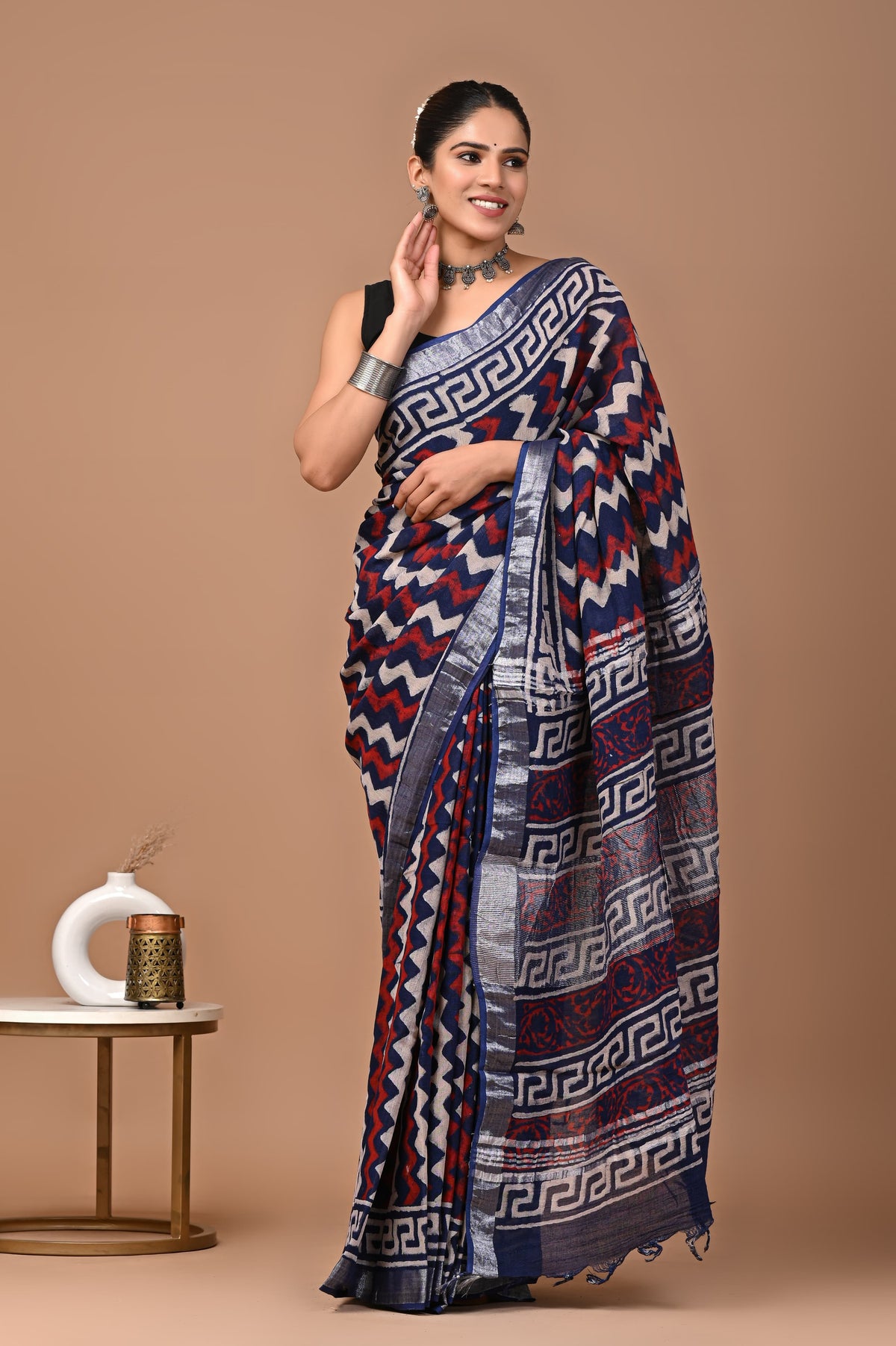 Linen block printed cotton saree