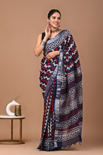 Linen block printed cotton saree