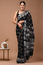 Linen block printed cotton saree