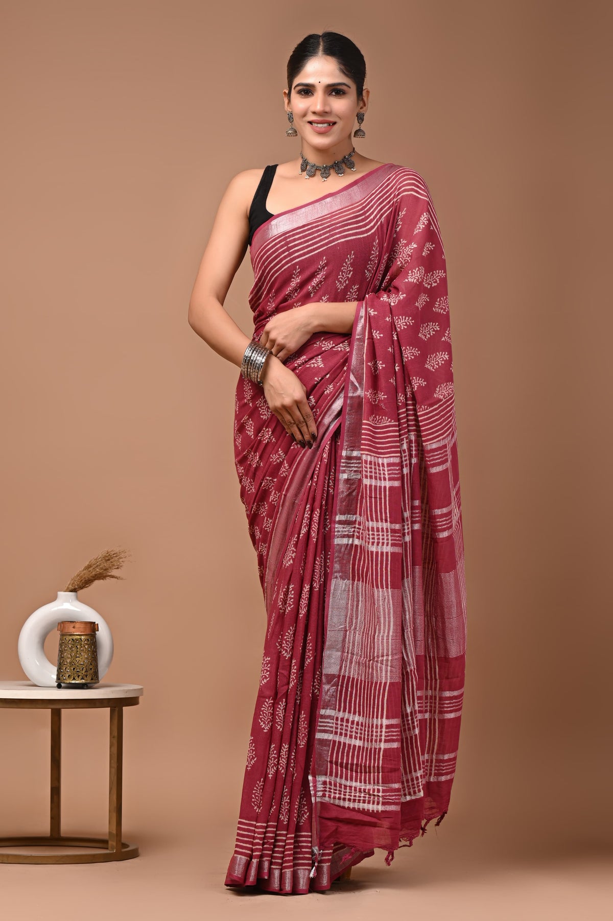 Linen block printed cotton saree