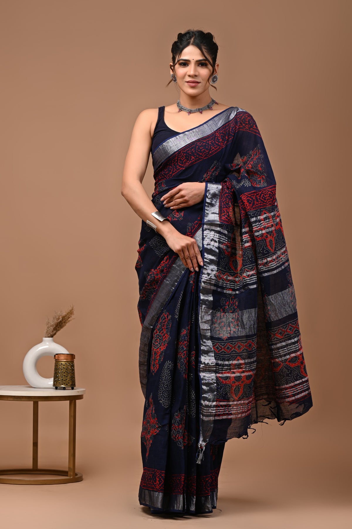 Linen block printed cotton saree