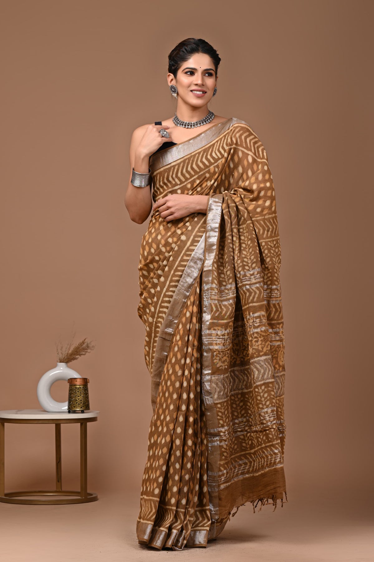Linen block printed cotton saree