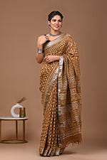 Linen block printed cotton saree