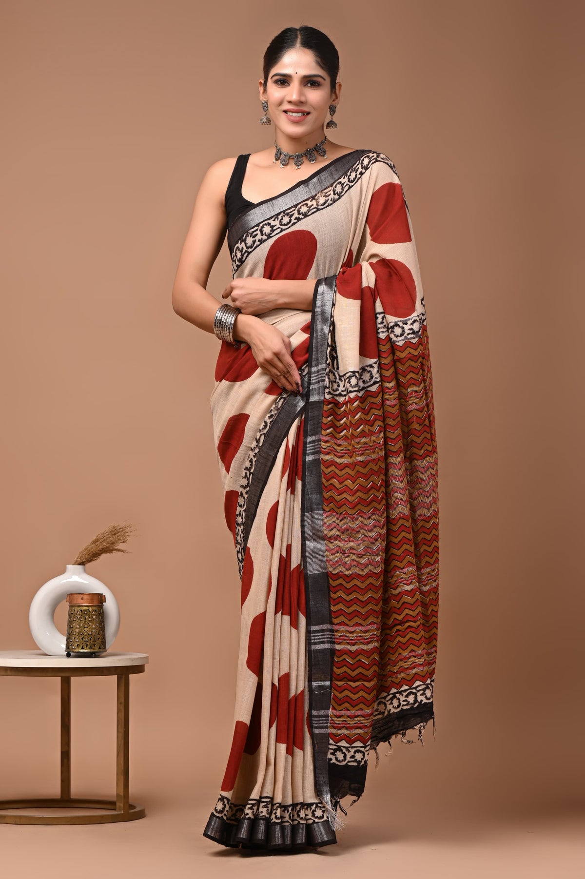 Linen block printed cotton saree