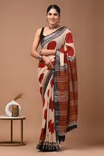 Linen block printed cotton saree