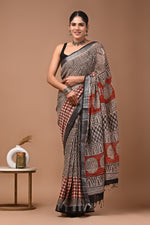 Linen block printed cotton saree