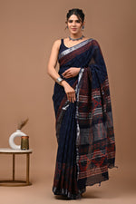 Linen block printed cotton saree