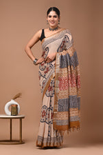 Linen block printed cotton saree