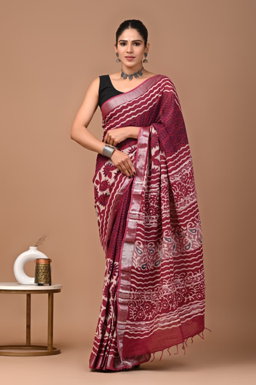 Linen block printed cotton saree