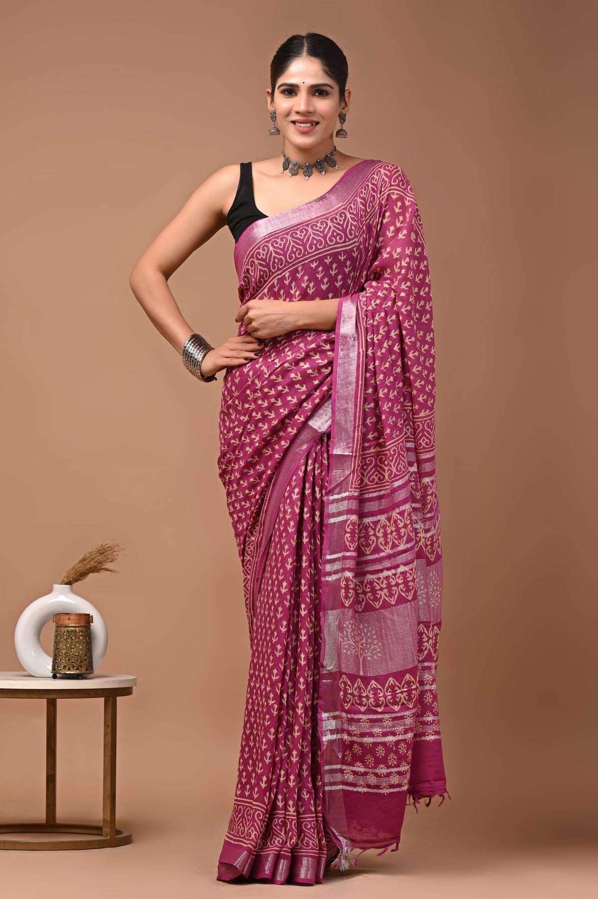 Linen block printed cotton saree