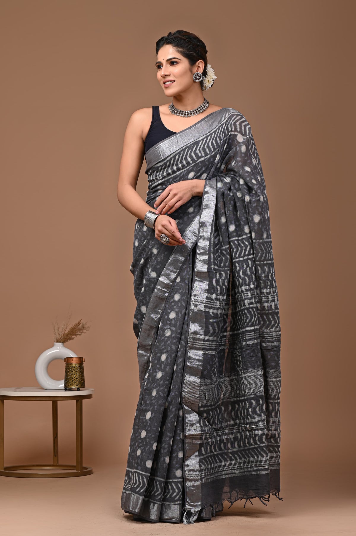 Linen block printed cotton saree