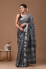 Linen block printed cotton saree