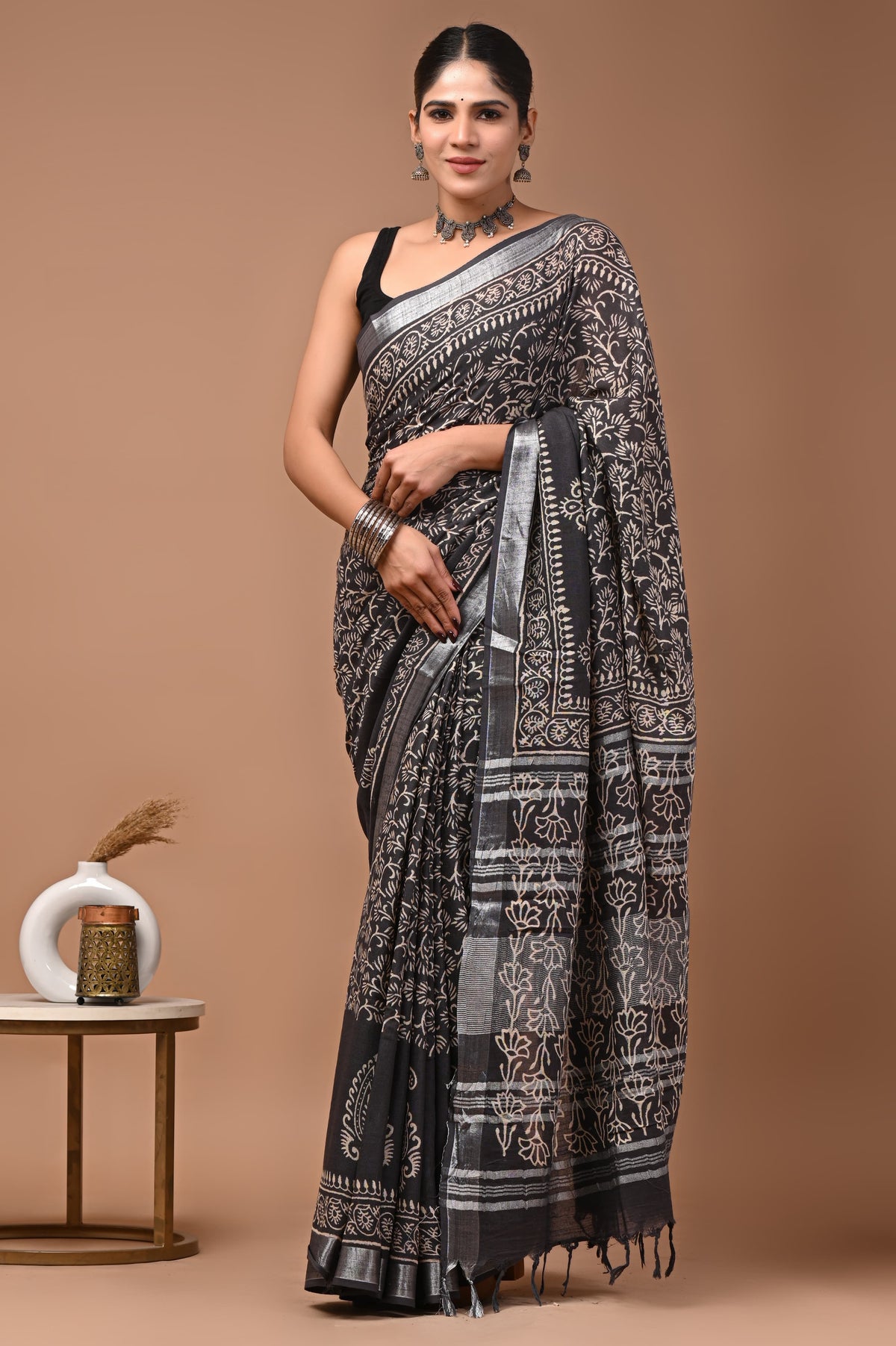 Linen block printed cotton saree