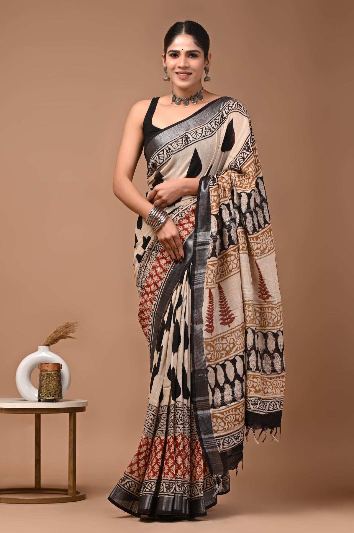 Linen block printed cotton saree