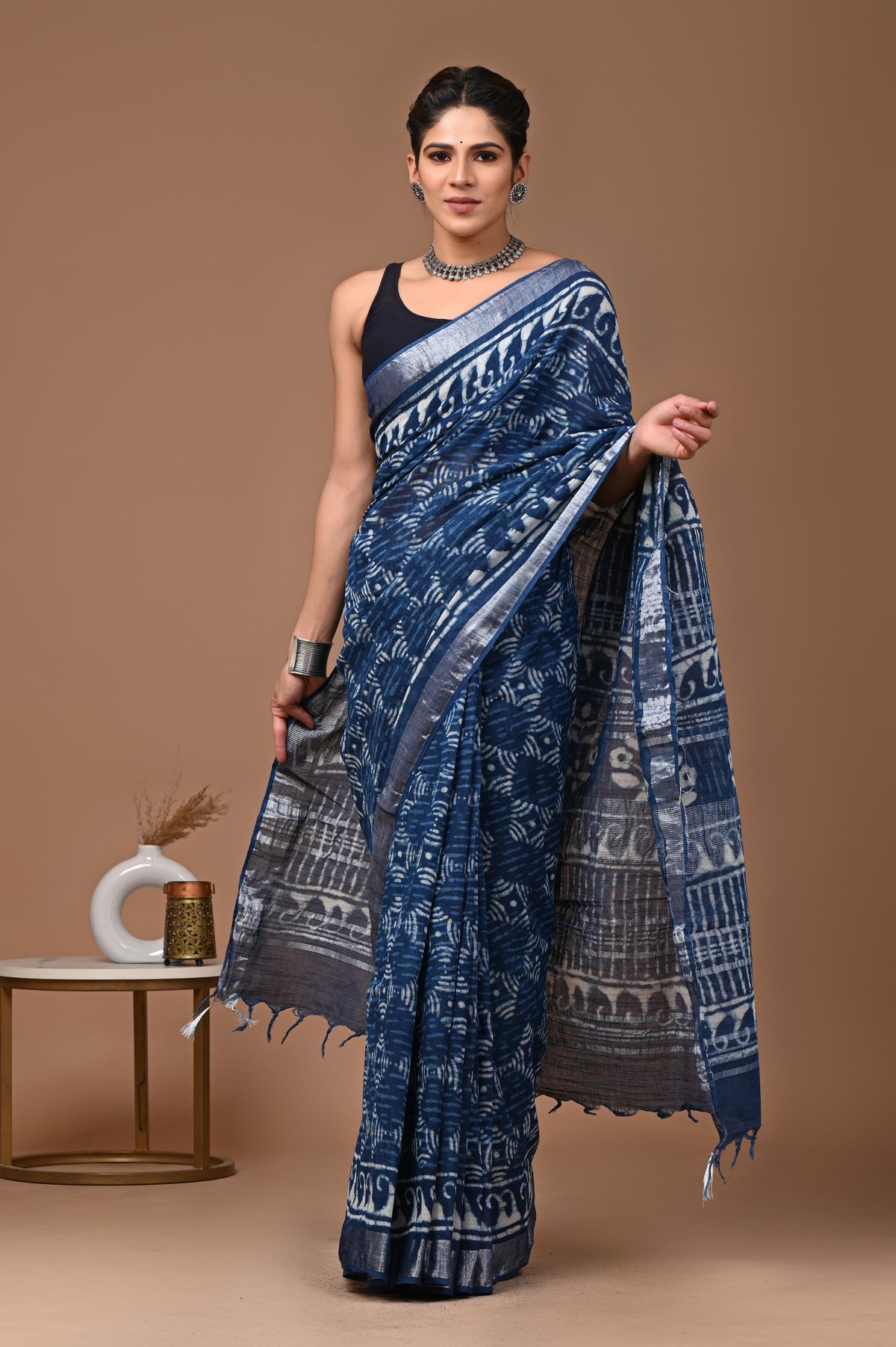 Linen block printed cotton saree