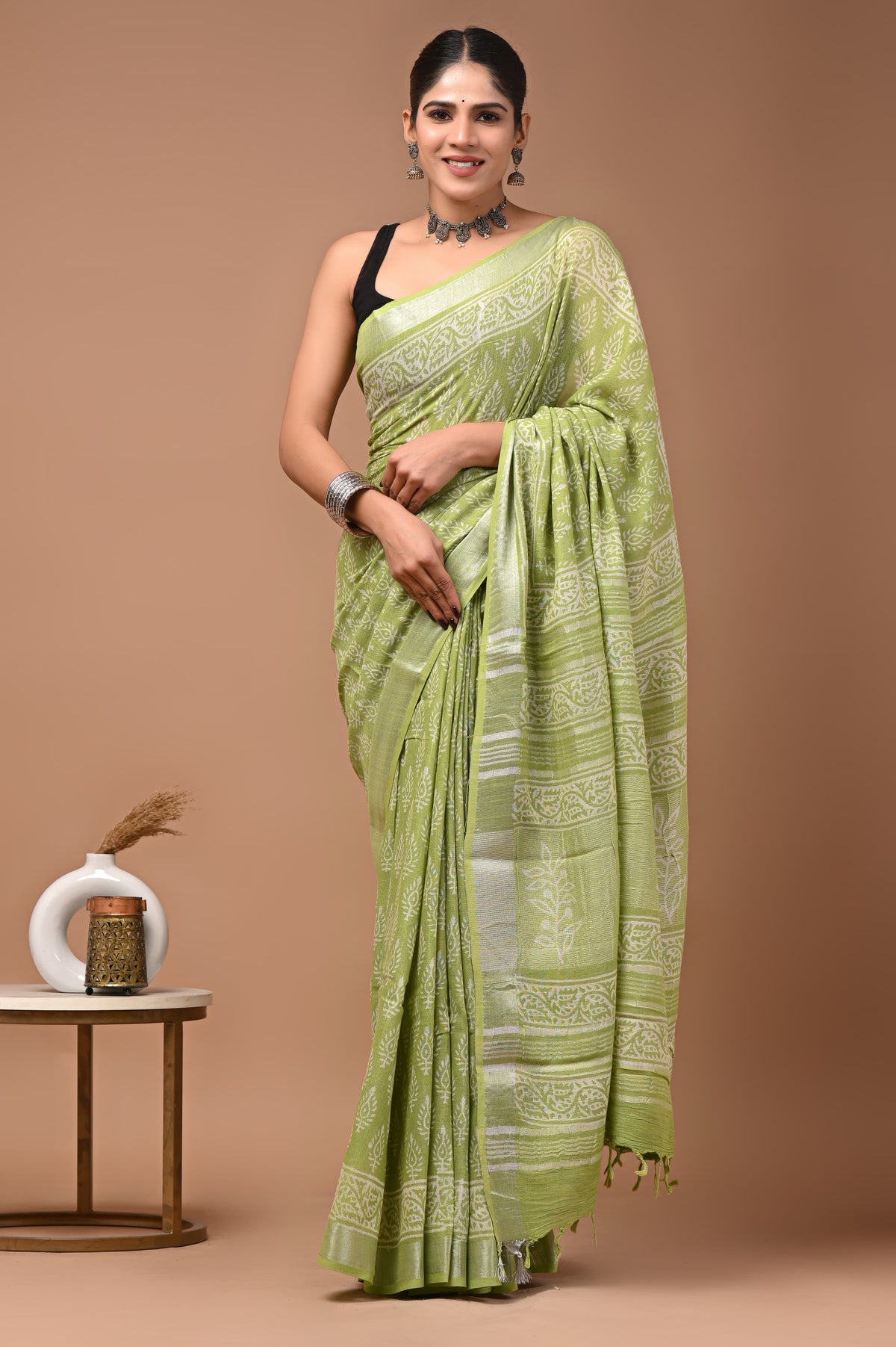 Linen block printed cotton saree