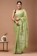 Linen block printed cotton saree