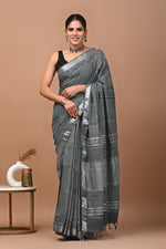 Linen block printed cotton saree