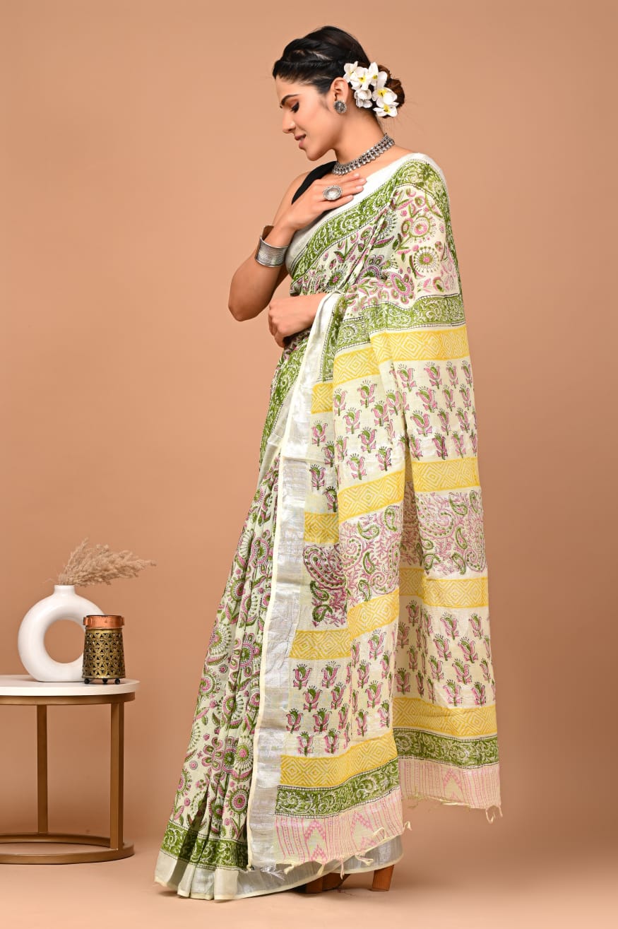 Linen block printed cotton saree