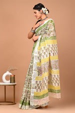 Linen block printed cotton saree