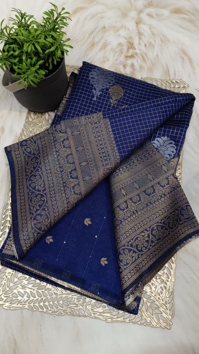 Navy Blue Banarasi Georgette-Crepe Silk Saree with Antique Zari Motifs