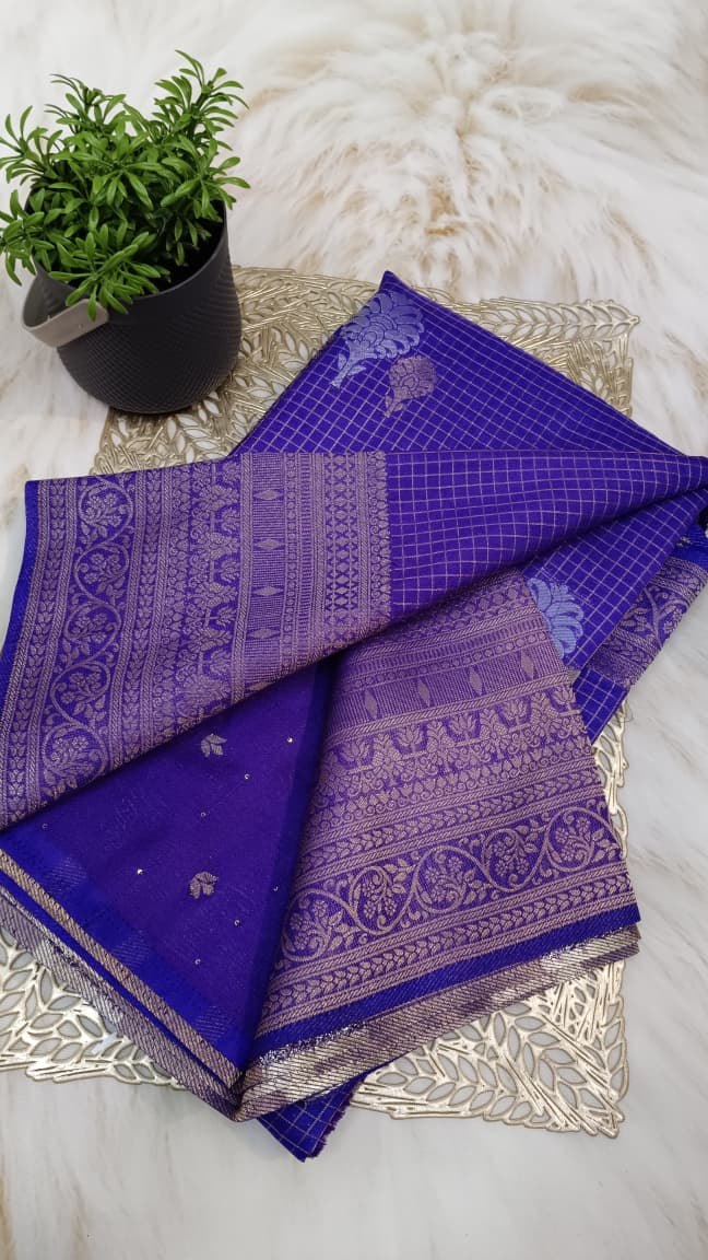 Royal Violet Banarasi Georgette-Crepe Silk Saree with Grand Temple Zari Border