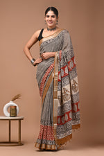 Linen block printed cotton saree