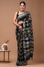 Linen block printed cotton saree
