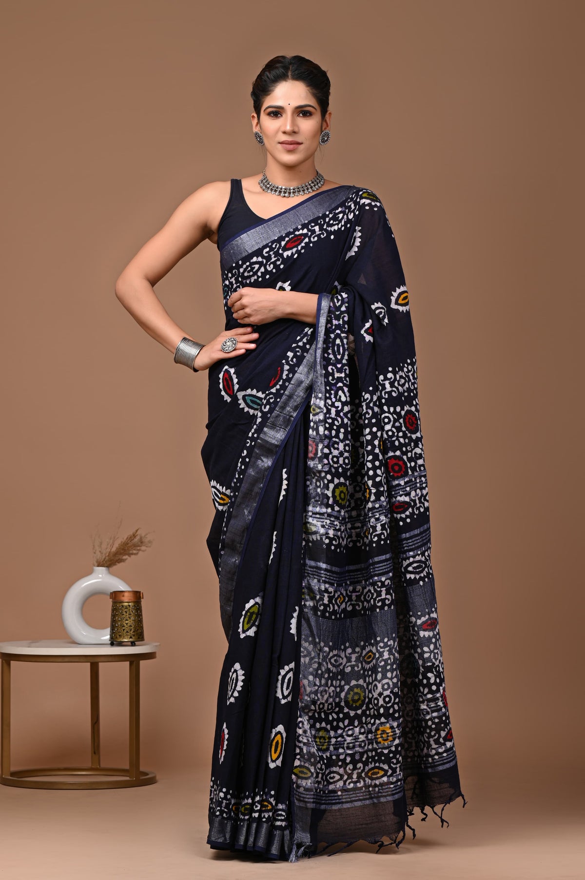 Linen block printed cotton saree