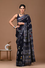 Linen block printed cotton saree