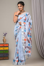 Linen block printed cotton saree