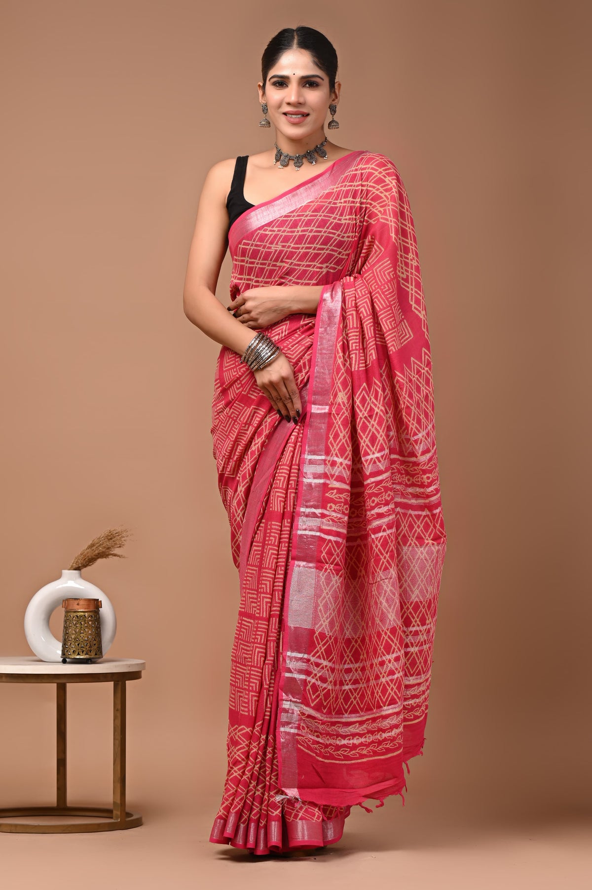 Linen block printed cotton saree