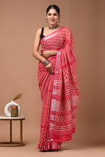 Linen block printed cotton saree