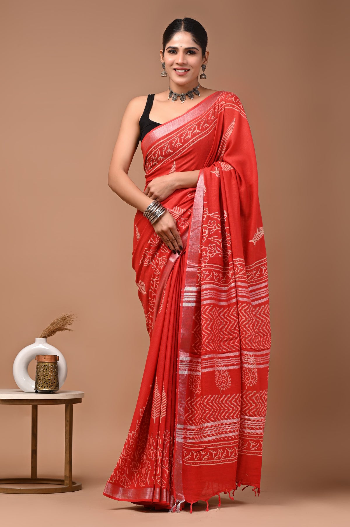 Linen block printed cotton saree
